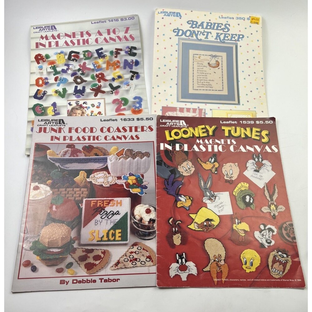 Lot of 4 Cross Stitch Pattern Books Looney Tunes, Junk Food Coasters, See Pics!